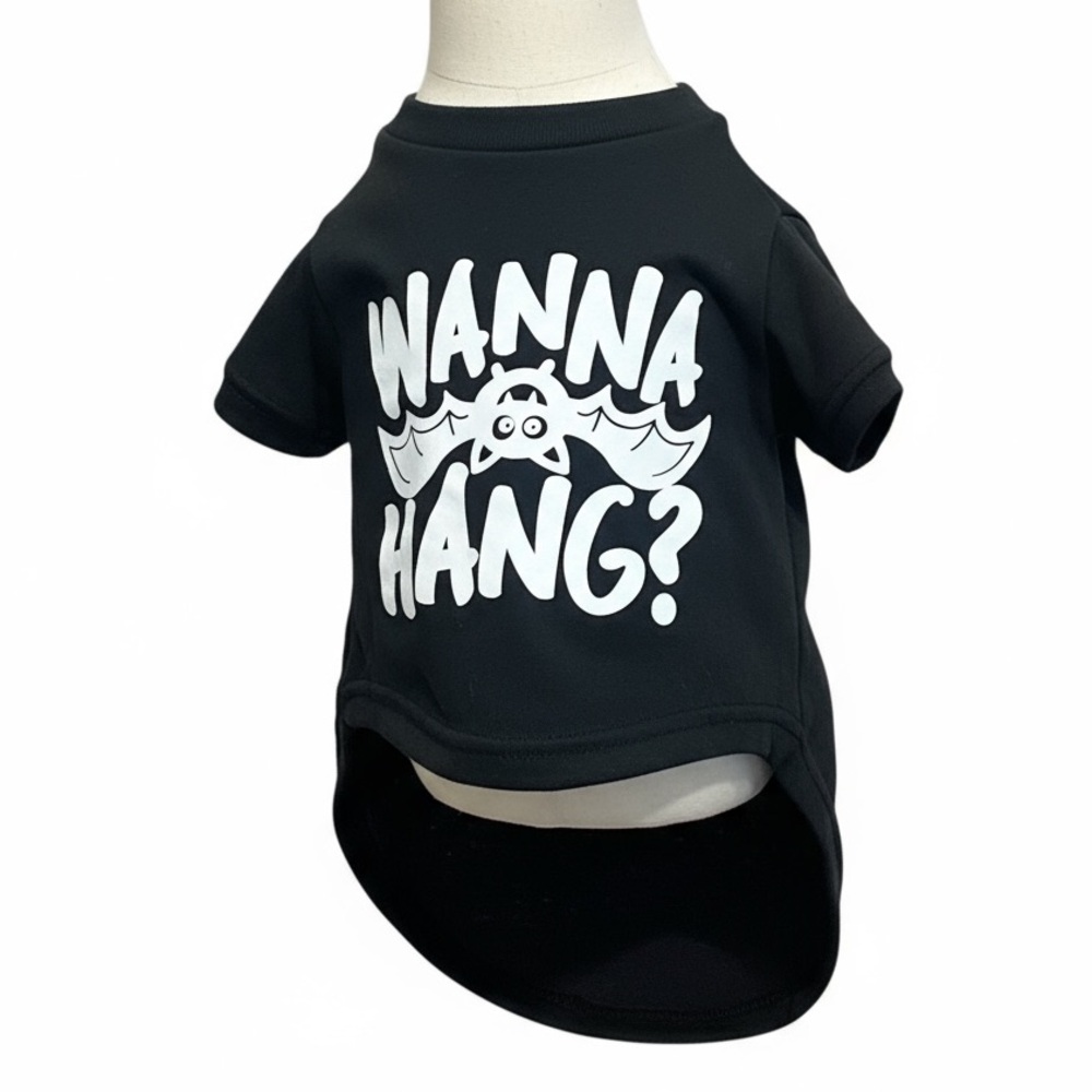 Wanna Hang Dog tee Shirt Halloween Size medium Black Bat Design Buttons & Bone
